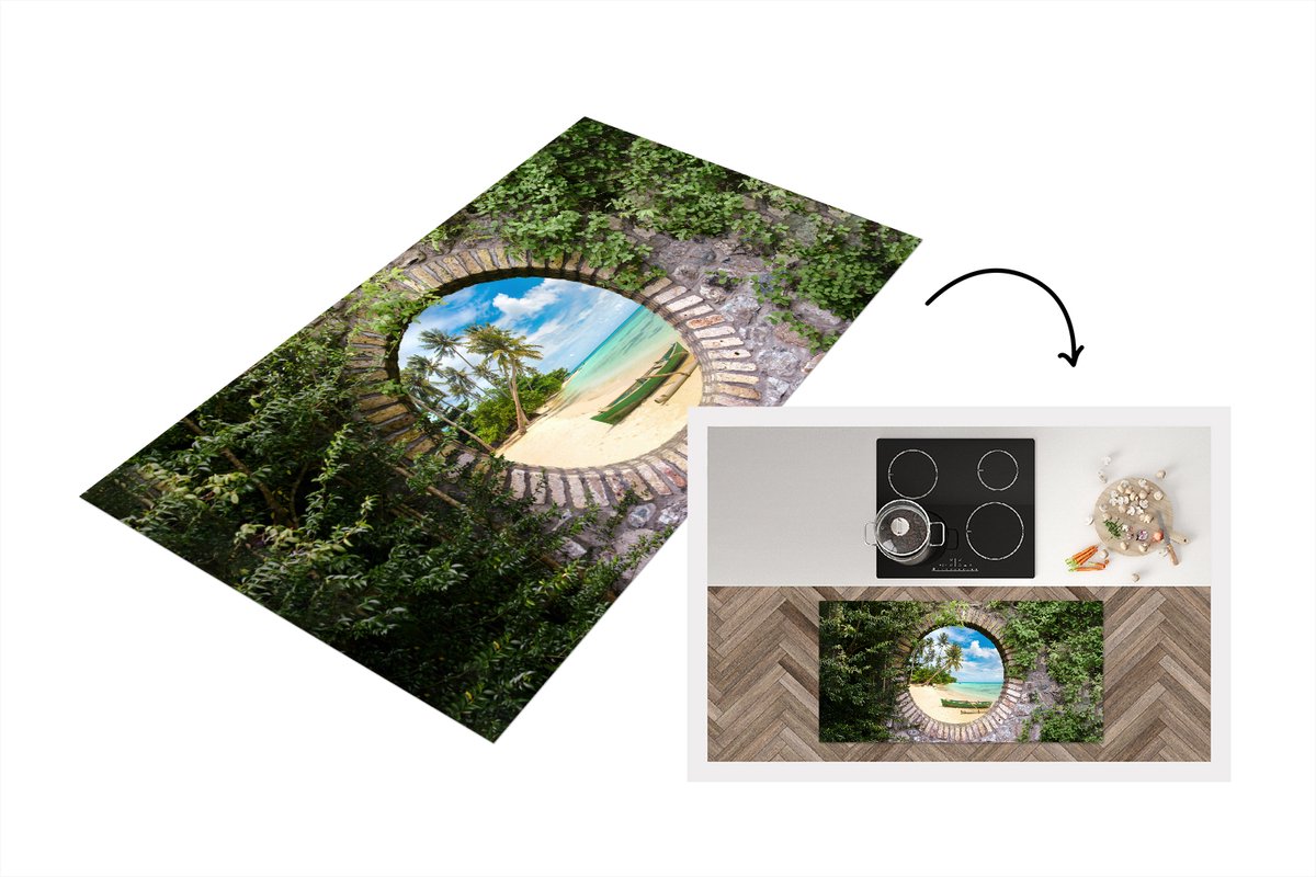 KitchenYeah Keukenloper - Loper keuken - Strand - Palmboom - Doorkijk - Kano - 120x60 cm - Keukenloper vinyl Multicolor