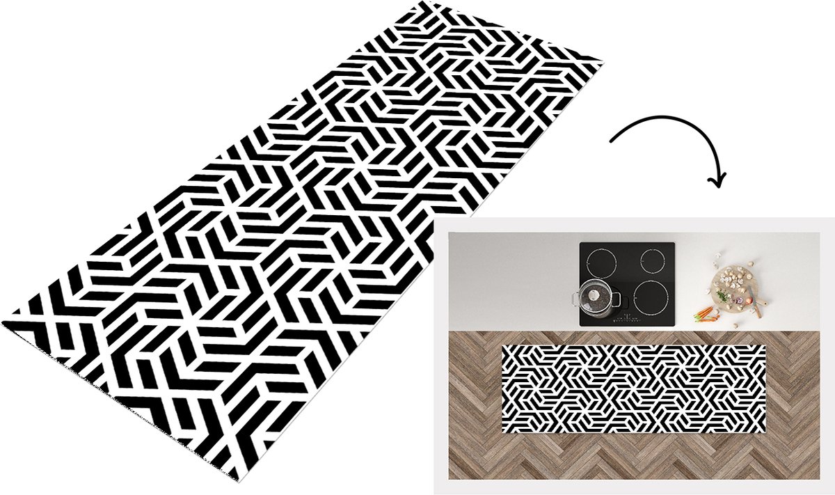 KitchenYeah Keukenloper - Loper keuken - Design - Geometrie - Patroon - Zwart - Wit - Keukenloper vinyl, foto 5
