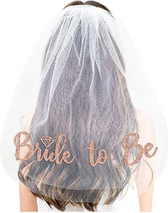iBright Bride to be 3 delige set - Vrijgezellenfeest bruid vrouw Accessoire - Rosé goud met sjerp, sluier en diadeem - iBright