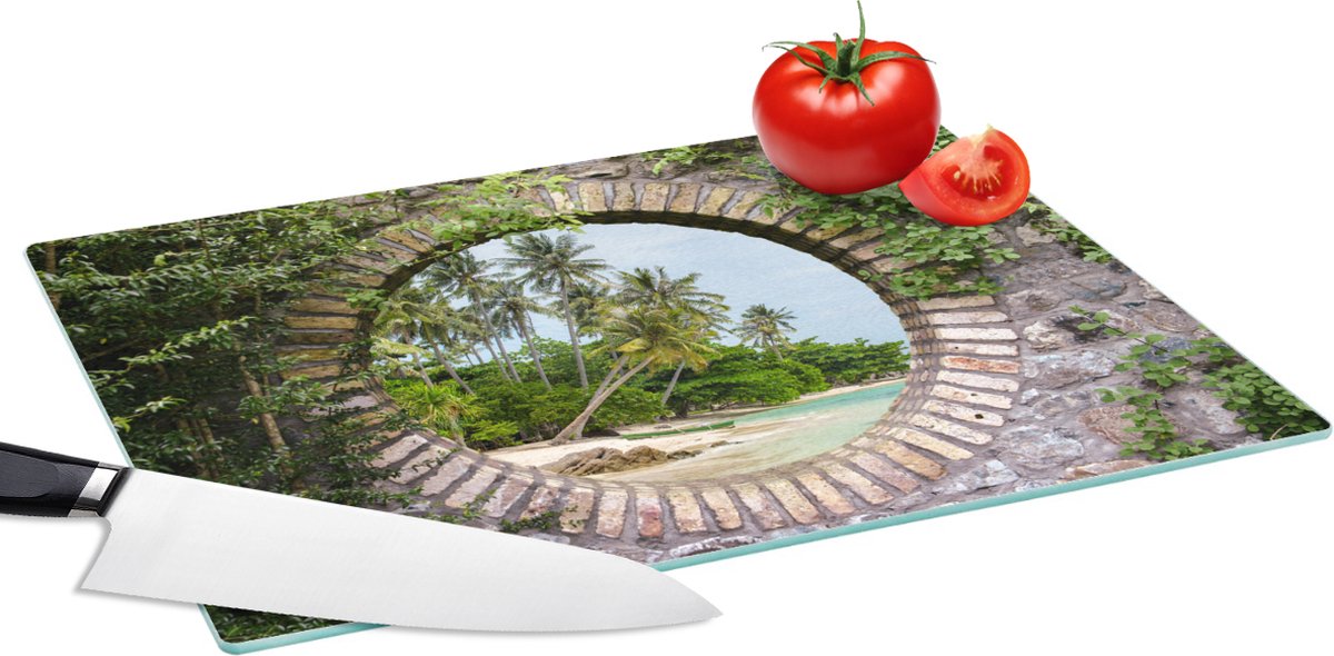 Glazen Snijplank - 39x28 - Palmbomen - Tropisch - Doorkijk - Strand - Snijplanken Glas