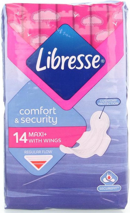 Roze en paarse verpakking van Libresse Maxi maandverband met vleugels voor comfort en zekerheid.