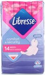 Roze en paarse verpakking van Libresse Maxi maandverband met vleugels voor comfort en zekerheid.