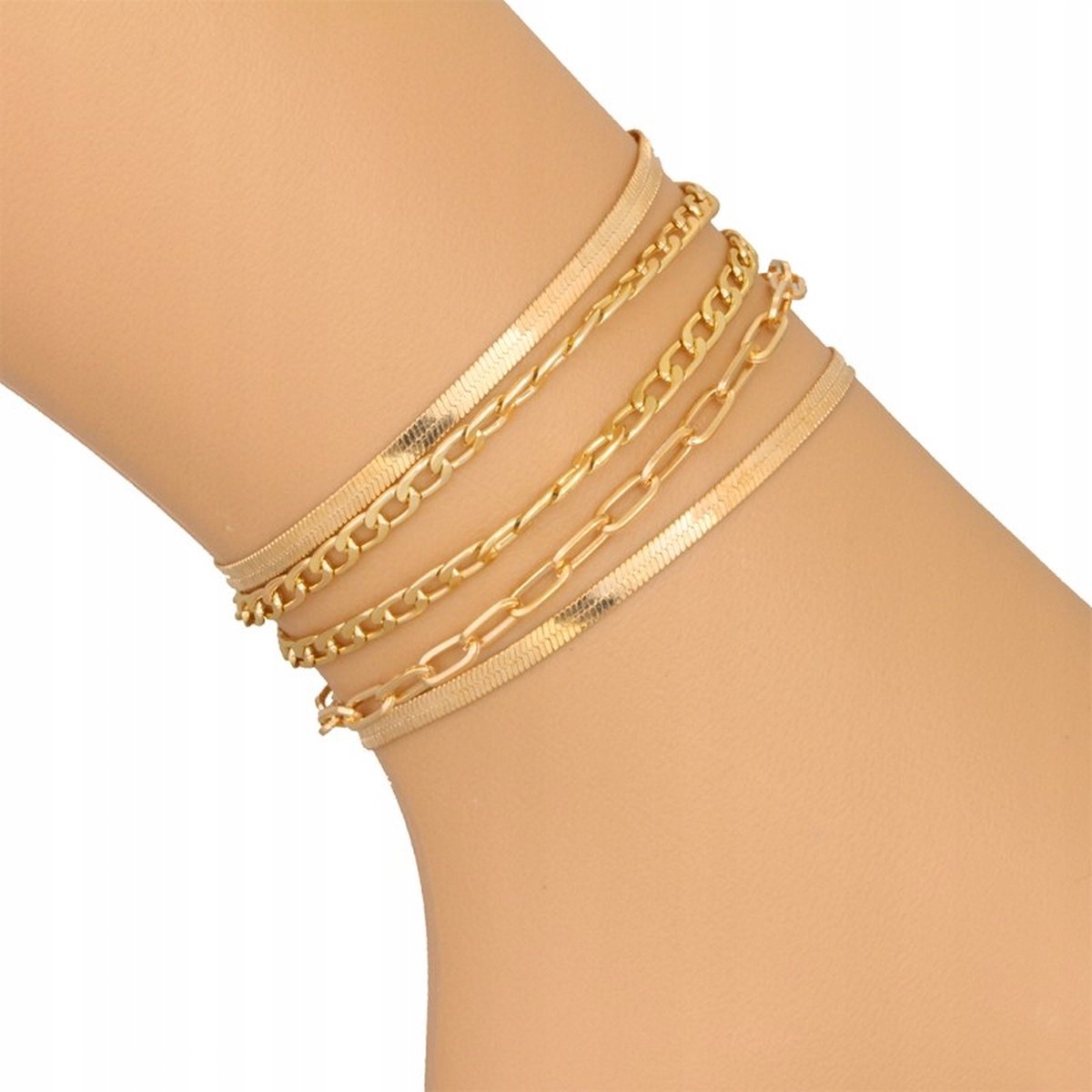 5-delige voet of pols Armband - Goud kleurig - Lengte 20 cm + Verstelbaar - MUST HAVE - Gemaakt van onedele metaallegeringe