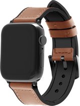 Strap-it Leren Hybrid band - Geschikt voor Apple Watch bandje - Series 1/2/3/4/5/6/7/8/9/SE/Ultra (2) - Bruin - Leer / Siliconen band met gesp - Leder iWatch bandje voor maat: 42 mm 44 mm 45 mm 49 mm