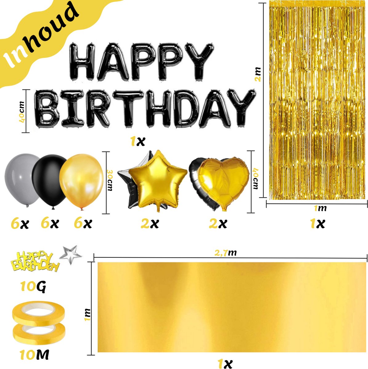 Feestio Ballonnen Verjaardag Versiering met Tafelkleed en Slingers - Helium - Zwart Goud — afbeelding 3