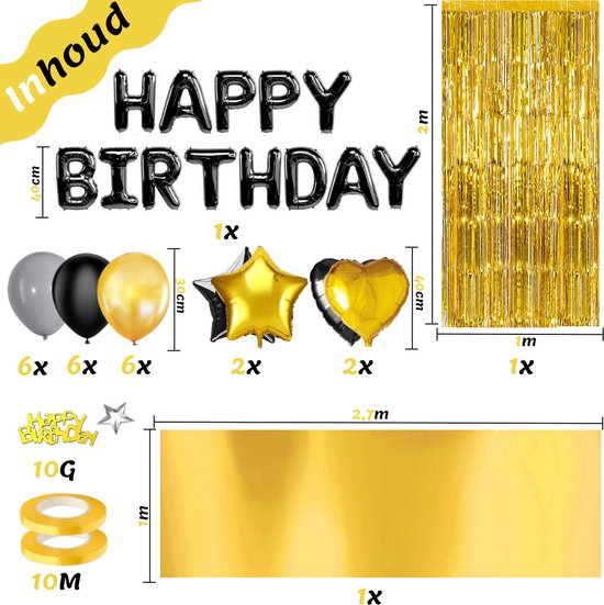 Afmetingen van verjaardagsdecoratie: 'Happy Birthday' ballonnen, gouden franje gordijn, sterren en hart ballonnen.