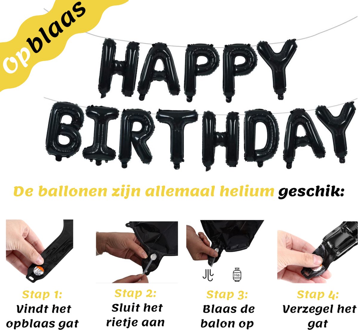 Feestio Ballonnen Verjaardag Versiering met Tafelkleed en Slingers - Helium - Zwart Goud — afbeelding 4