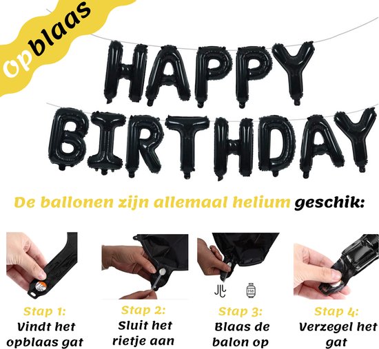 Instructies voor het oppompen van 'Happy Birthday' ballonnen met helium of lucht.