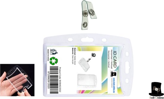 Bob Online ™ - 1 Stuks– Horizontale + Verticale ID-Badgehouder Helder Acryl + 1 Stuks- Bretel Clip - Visitekaarthouder – ID- Kaarthouder – Horizontal en Vertical ID Badge Holder in- een – Acrylic ID Card Holder – Card Holder – Transparant