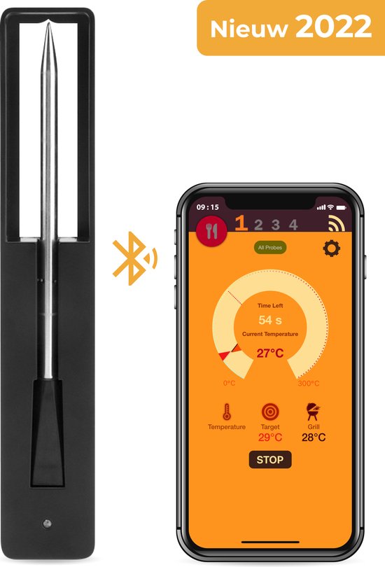 Nuvance - BBQ Thermometer met App - Vleesthermometer Draadloos met Bluetooth - Meater - Oven en Kook Thermometer - BBQ accesoires - Zwart