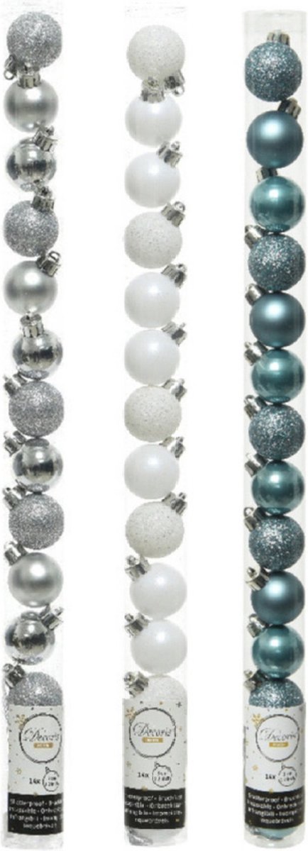 42x Stuks kunststof kerstballen mix wit/zilver/ijsblauw 3 cm - Kleine kerstballetjes - Kerstboomversiering