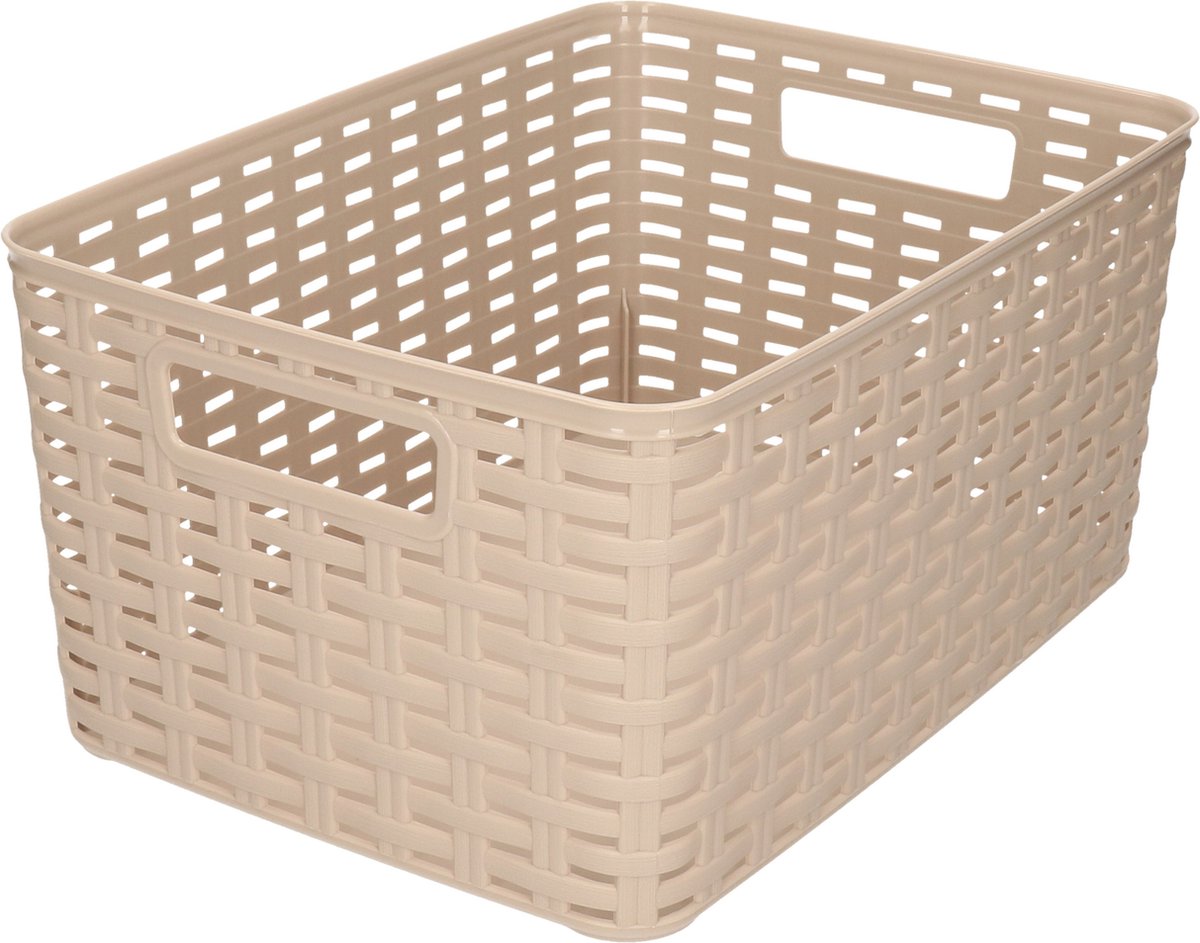 Rotan gevlochten opbergmand/opbergbox kunststof - Taupe - 22 x 33 x 16 cm - Kast mandjes