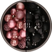 Bellatio Decorations Kerstballen mix - 74-delig - oudroze en zwart - 6 cm - kunststof