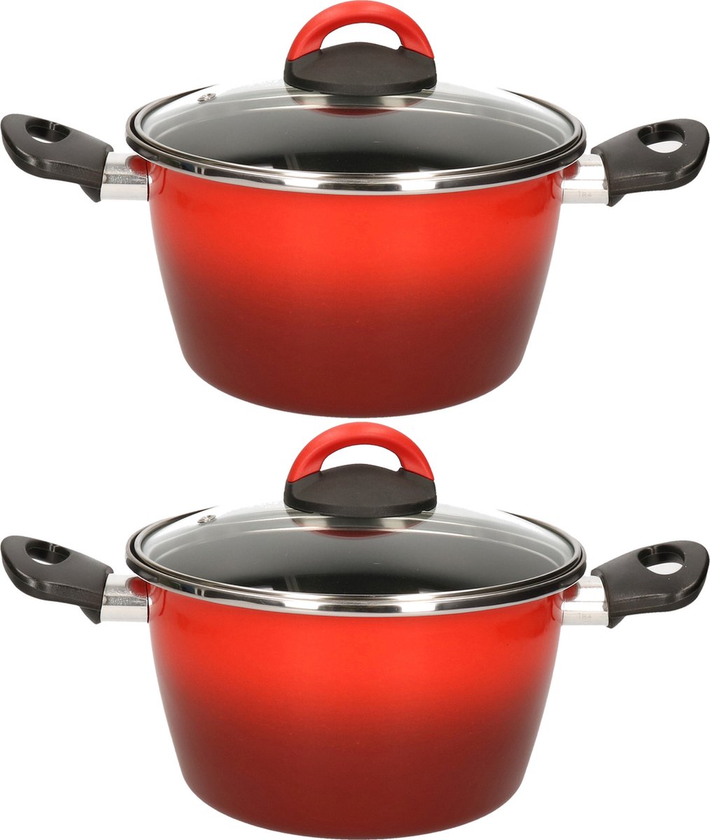Set van 2x stuks rvs rode kookpan/pannen Cuenca met glazen deksel 20 cm 6 liter