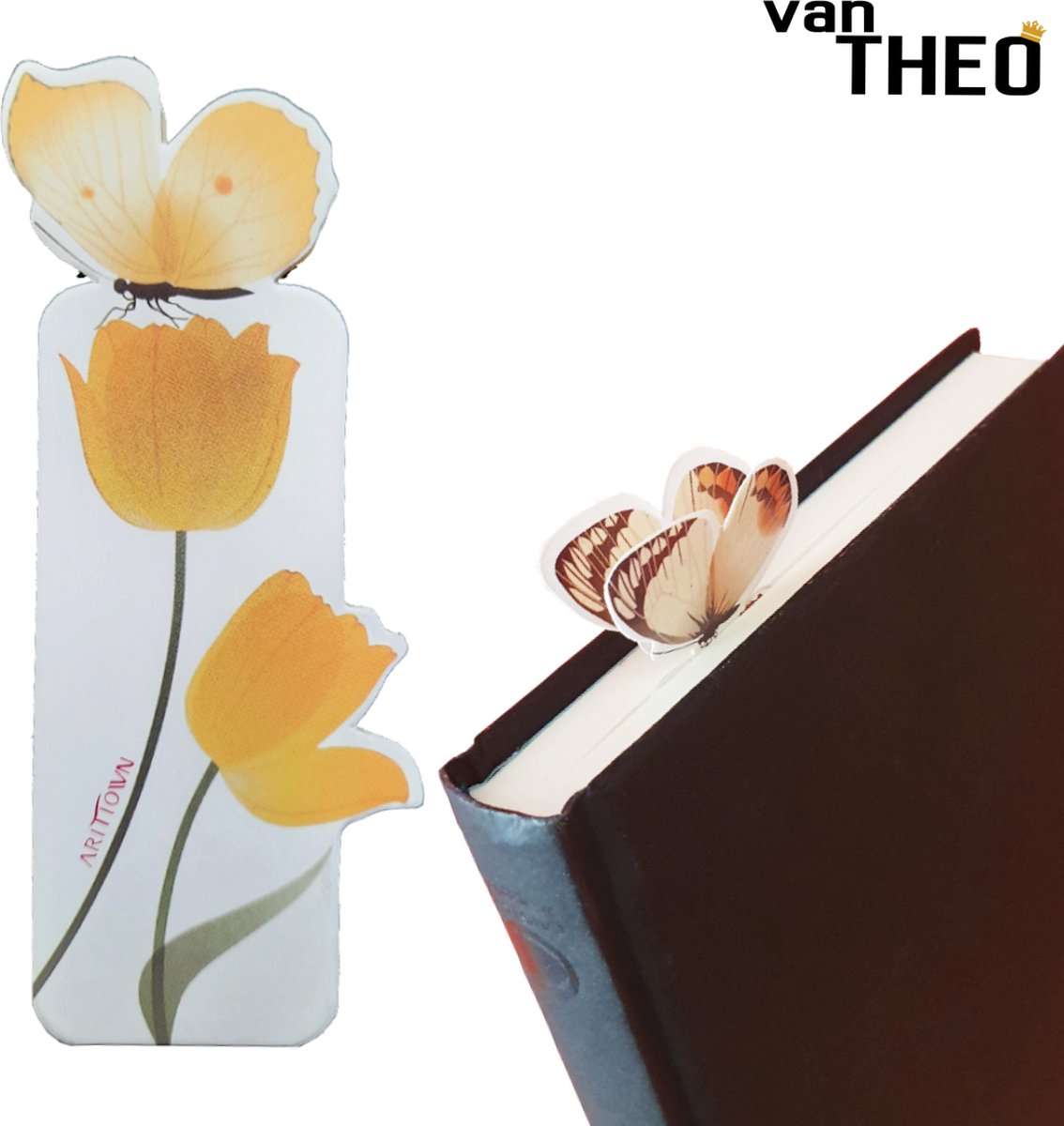 van Theo® Boekenlegger Vlinder & Bloem – Bladwijzer - Bookmark – Kaartje – Tulp - Kleine Cadeautjes