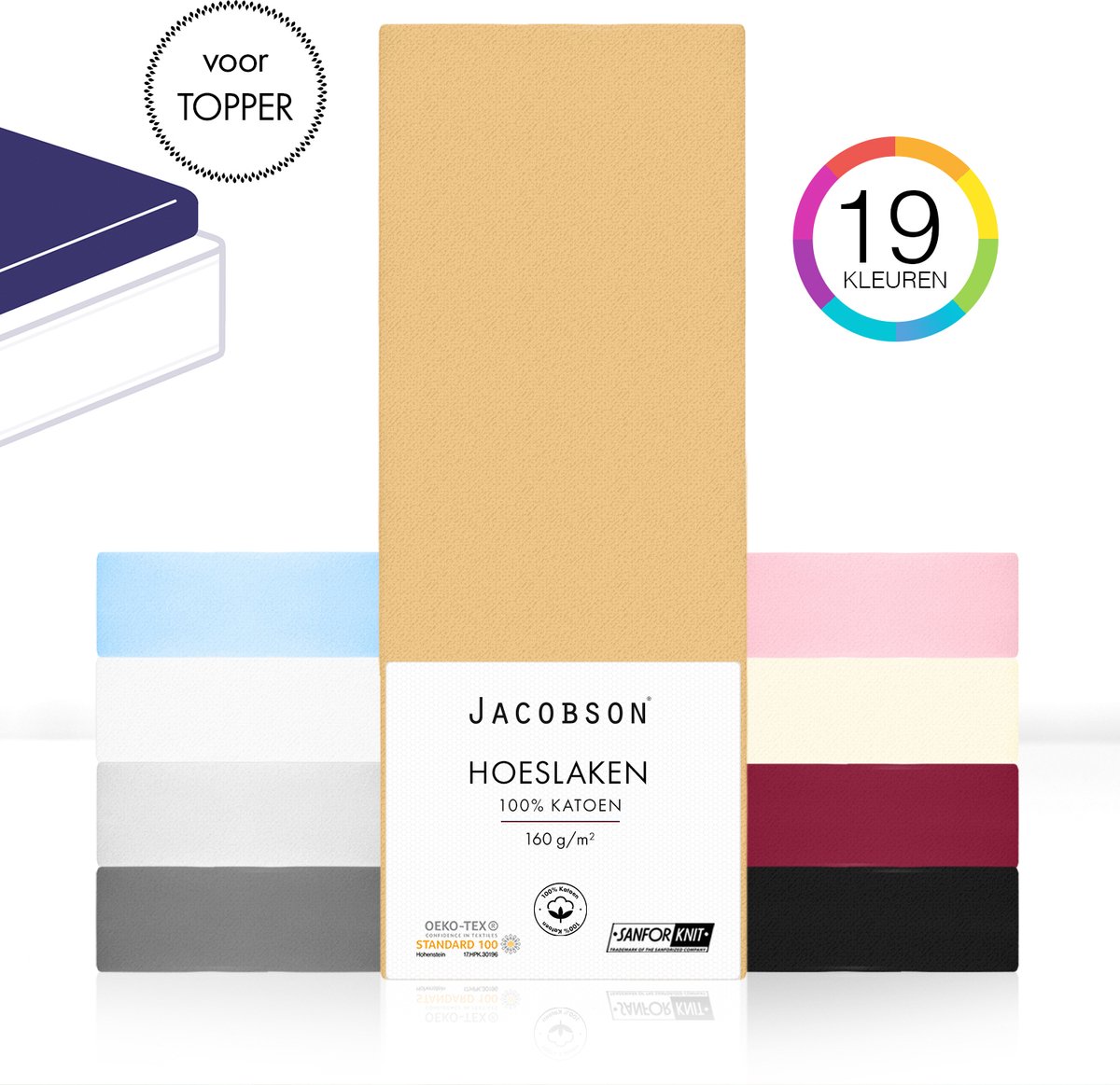 Jacobson - Hoeslaken Topper – 100% Jersey Katoen – 180x200 cm – Beige