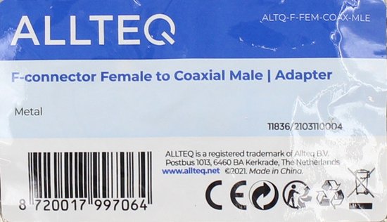 Coax naar F verloopstekker - IEC male - Zilver - Allteq