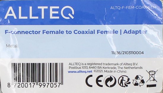Coax naar F verloopstekker - IEC female - Zilver - Allteq