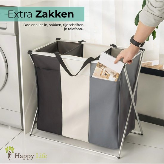 Wasmand 3 Vakken – Wassorteerder 118 L – Opvouwbaar – Aluminium Frame – Zwart/Grijs/Wit