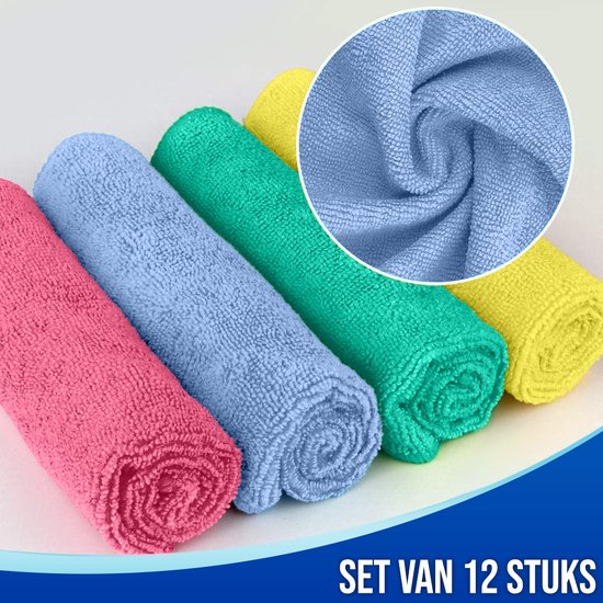 Ensemble de 12 chiffons en microfibre enroulés de couleur rose, bleu clair, verte et jaune. Un gros plan du tissu est visible. Texte : 'SET DE 12 PIÈCES'.
