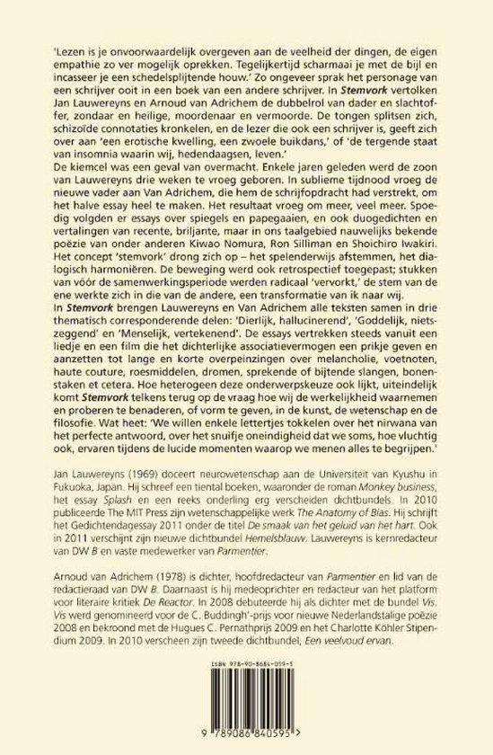 Achterkant van het boek Stemvork met tekst en ISBN.