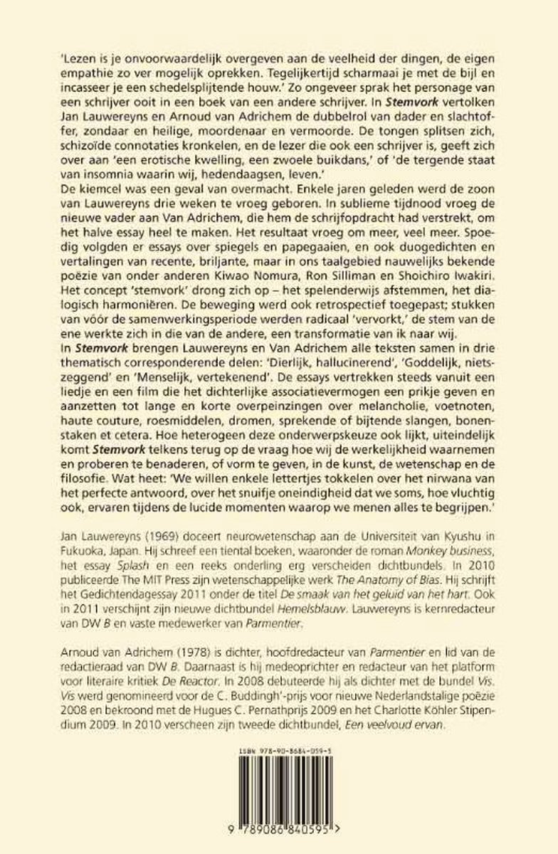 Achterkant van het boek Stemvork met tekst en ISBN.