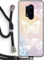 Case Company® - Hoesje met koord geschikt voor OnePlus 8 Pro hoesje met Koord - White butterfly - Telefoonhoesje met Zwart Koord - Bescherming aan alle Kanten en Over de Schermrand