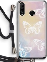 Case Company® - Hoesje met koord geschikt voor Huawei P30 Lite hoesje met Koord - White butterfly - Telefoonhoesje met Zwart Koord - Bescherming aan alle Kanten en Over de Schermrand