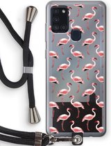 Case Company® - Hoesje met koord geschikt voor Samsung Galaxy A21s hoesje met Koord - Flamingo - Telefoonhoesje met Zwart Koord - Bescherming aan alle Kanten en Over de Schermrand