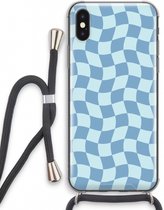 Case Company® - Hoesje met koord geschikt voor iPhone XS hoesje met Koord - Grid Blauw - Telefoonhoesje met Zwart Koord - Extra Bescherming aan alle Kanten en Over de Schermrand