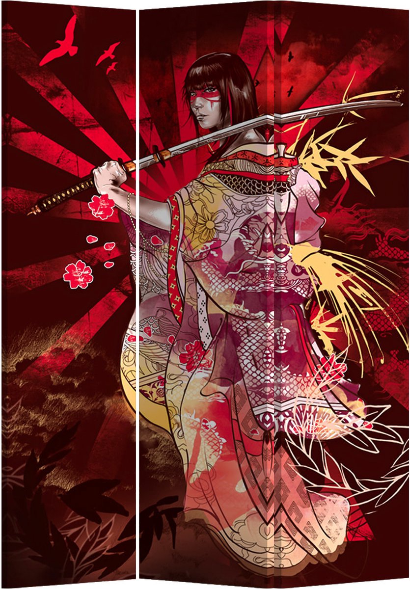 Fine Asianliving Japans Kamerscherm Scheidingswand B120xH180cm 3 Panelen Vrouw met Katana Multicolour