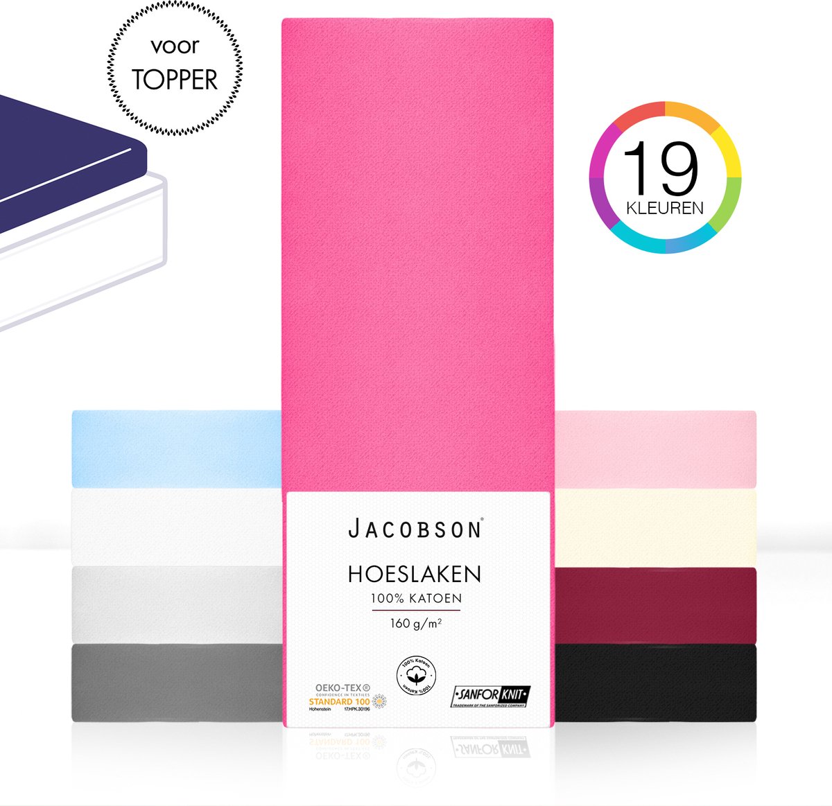 Jacobson - Hoeslaken Topper – 100% Jersey Katoen – 180x200 cm – Felroze