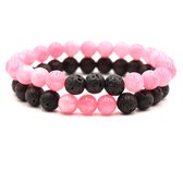 Bixorp Gems Dubbele Natuursteen Armband voor Man & Vrouw - Lichtroze/Zwart contrast - Edelsteen Armband Cadeau - Lavasteen - 20cm