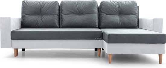 InspireMe - Hoekbank met slaapfunctie en opbergruimte voor woonkame,Longchair aan beide zijden monteerbaar - 232x142x90 cm - CARL Grijs + wit kunstleer
