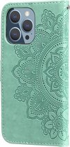 Peachy Wallet Bookcase kunstleer mandala hoesje voor iPhone 13 Pro Max - groen