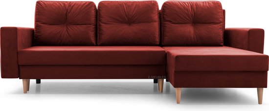 InspireMe - Hoekbank met slaapfunctie en opbergruimte voor woonkame,Longchair aan beide zijden monteerbaar - 232x142x90 cm - CARL rood