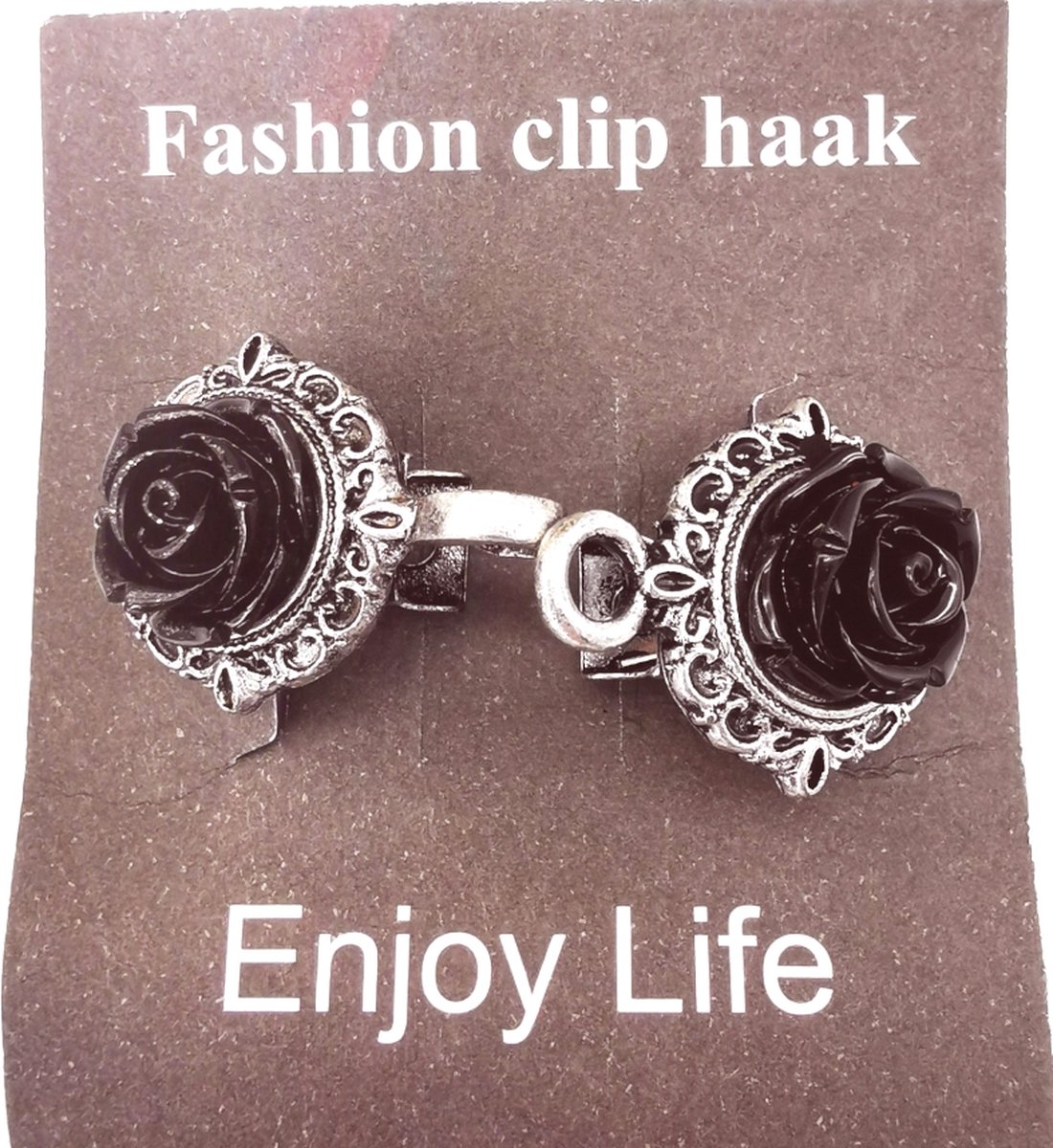 Vestsluiting - clip met haakje - 3D zwart roos - voor - vest - sjaal - omslagdoek in kleur antiek zilver look.