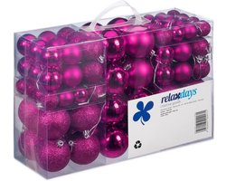 Relaxdays Kerstballen - 100x st - fuchsia roze - D3, D4, D6 cm - kunststof