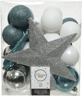 33x stuks kunststof kerstballen zilver/ijsblauw (blue dawn)/wit inclusief ster piek - 5-6-8 cm - Onbreekbare plastic kerstballen