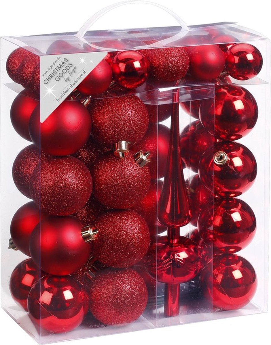 47x Rode kunststof kerstballen 4-6 cm mat/glans met piek - mat/glans - Kerstboomversiering rood