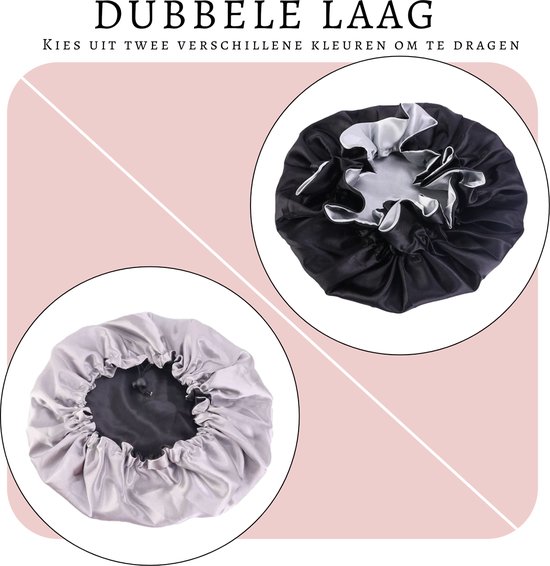 Twee satijnen slaapmutsen, één zwart en één lichtgrijs. Ze zijn omkeerbaar met een dubbele laag.