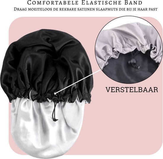 Een zwarte en zilverkleurige satijnen slaapmuts met een verstelbaar elastisch bandje. De binnenkant is zilverkleurig.