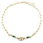 Ketting - Parels en Kralen - RVS - Lengte 39-44 cm - Goudkleurig en Groen