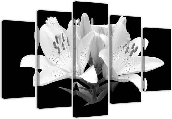 Trend24 - Canvas Schilderij - White Lelies - Vijfluik - Bloemen - Zwart