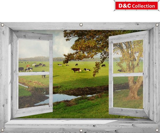 D&C Collection - tuinposter - 130x95 cm - doorkijk - wit venster koeien in landschap - schuttingposter - tuindoek - muurposter