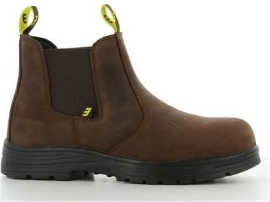Donkerbruine leren Chelsea boot met gele lusjes aan de achterkant en elastische zijpanelen.