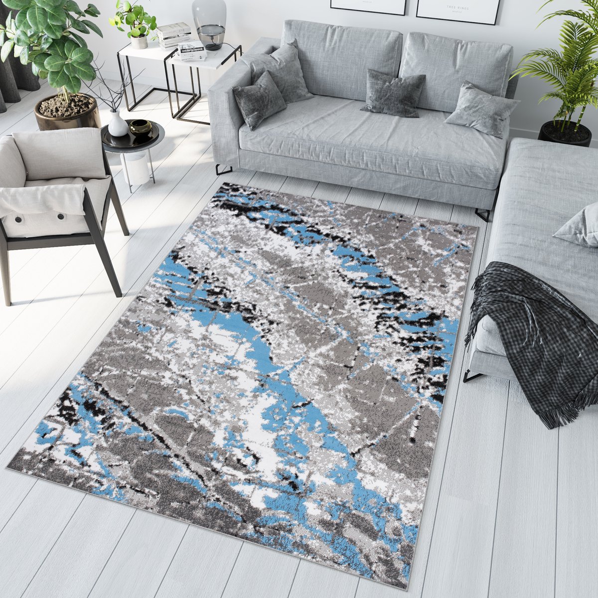 Tapiso Maya Vloerkleed Grijs Blauw Woonkamer Abstract Tapijt Maat- 180x250