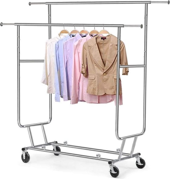 FURNIBELLA - Industriële kledingrek op wieltjes, 130 kg, stabiel, 2 kledingstangen, wasrek, lang verstelbaar, in hoogte verstelbaar, inklapbaar