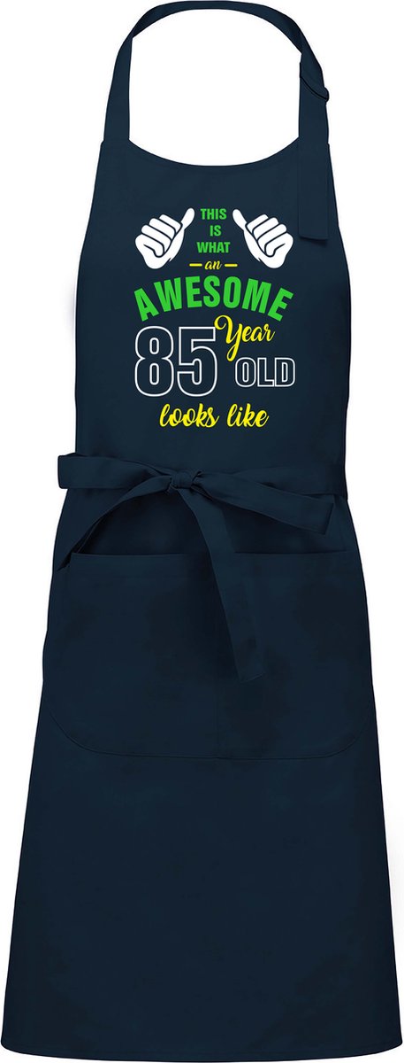 Leeftijd cadeau - Luxe keukenschort - BBQ schort - verjaardag - Awesome 85 jaar - navy blauw