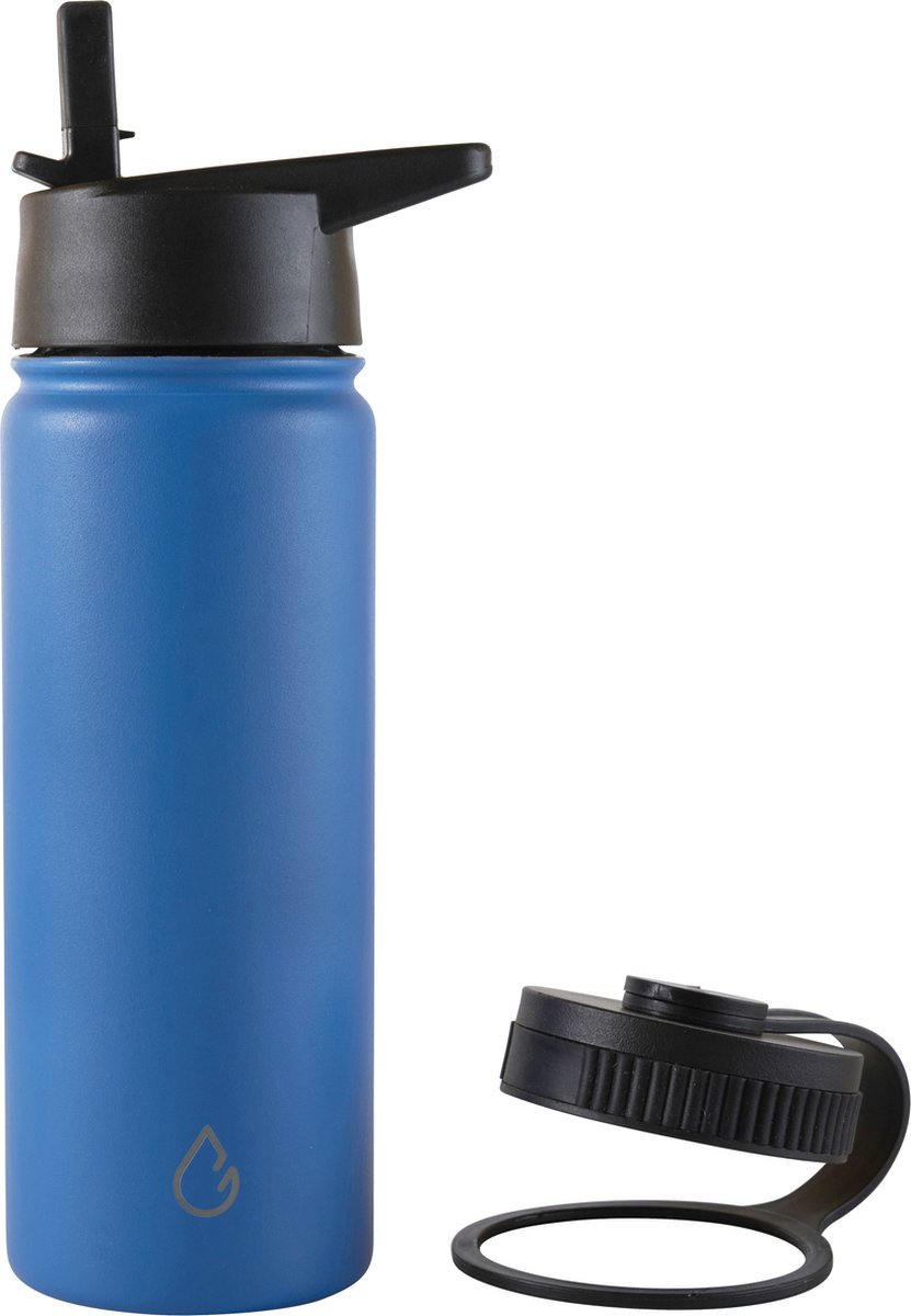 Wattamula PRO eco rvs drinkfles - pacific blauw - 530 ml - extra dop met rietje - waterfles - thermosfles